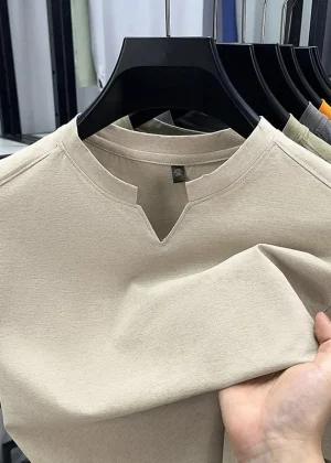 Korean Men's Casual and Fashionable Small V-neck Solid Color Short Sleeved T-shirt Comfortable Summer Versatile Top