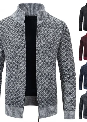 2025 Men's Casual High Collar Long Sleeve Knitted Top with Velvet Warmth for Autumn and Winter Fashion Multi Functional Jacket