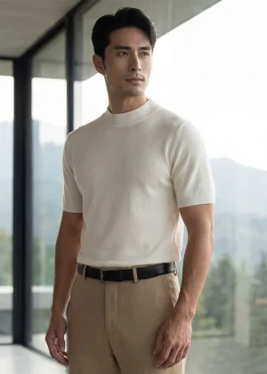 Men's 100% pure cashmere T-shirt knitted short sleeved sweater loose Mock collar Tops trendy luxury brand solid color Jumper