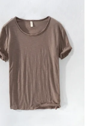 Retro Raw Edge T-Shirt for Men, 100% Cotton, Lightweight,Breathable,Slim-fit, Monochromatic, O-Neck, Casual Basic Top