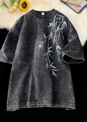 Bamboo Leaf Pattern Short Sleeve Heavy Fabric Acid Washed Men's T-shirt Men Woman Streetwear Oversized Loose Tops Summer Tees